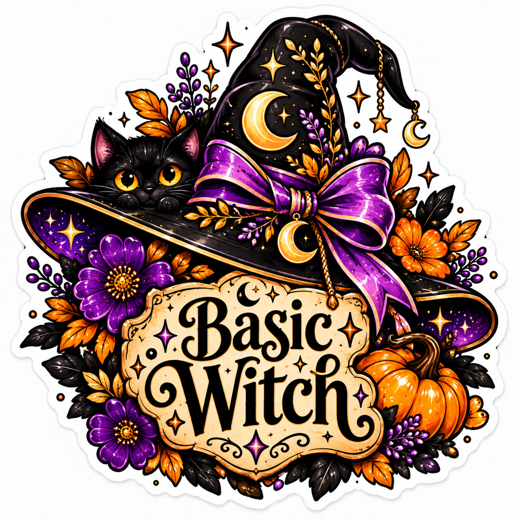Illustrated sticker of a black cat peeking over the brim of a black witch hat with a purple bow and gold crescent moon charms, surrounded by purple and orange flowers, autumn leaves, lavender and a pumpkin, with a parchment sign reading Basic Witch.