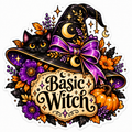 Illustrated sticker of a black cat peeking over the brim of a black witch hat with a purple bow and gold crescent moon charms, surrounded by purple and orange flowers, autumn leaves, lavender and a pumpkin, with a parchment sign reading Basic Witch.