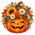 Smiling carved jack-o'-lantern topped with a floral arrangement of a sunflower, white daisies, orange chrysanthemums, berries and autumn leaves, with a white die-cut border