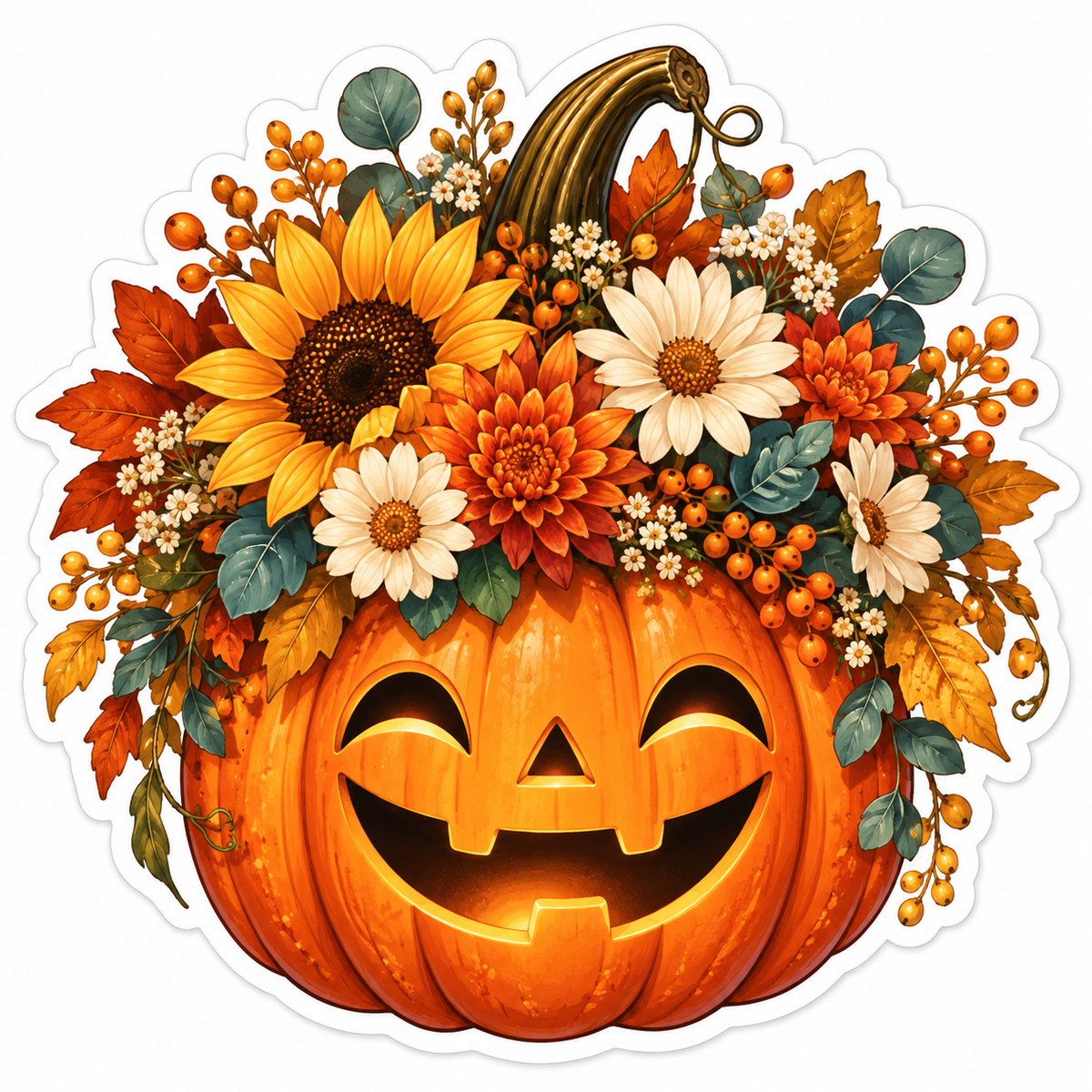 Smiling carved jack-o'-lantern topped with a floral arrangement of a sunflower, white daisies, orange chrysanthemums, berries and autumn leaves, with a white die-cut border