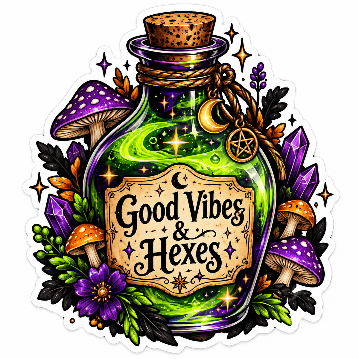 Corked glass potion bottle with swirling glowing green liquid, a parchment label, and crescent moon and pentagram charms tied with twine, surrounded by purple and orange spotted mushrooms, amethyst crystals, leaves, berries and a purple flower, with the text Good Vibes & Hexes.