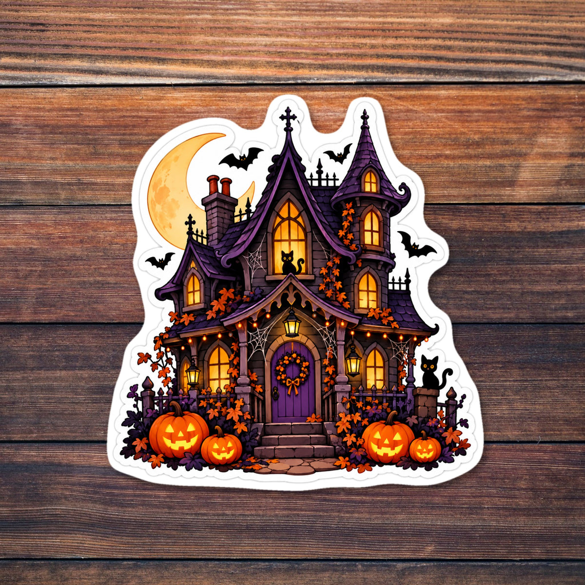 Die-cut sticker of a gothic Victorian haunted house at night with glowing windows, a turret, a purple front door with a wreath, and an iron fence, surrounded by carved jack-o'-lanterns, pumpkins, autumn leaves, black cats, bats and a crescent moon. shown on a wooden table