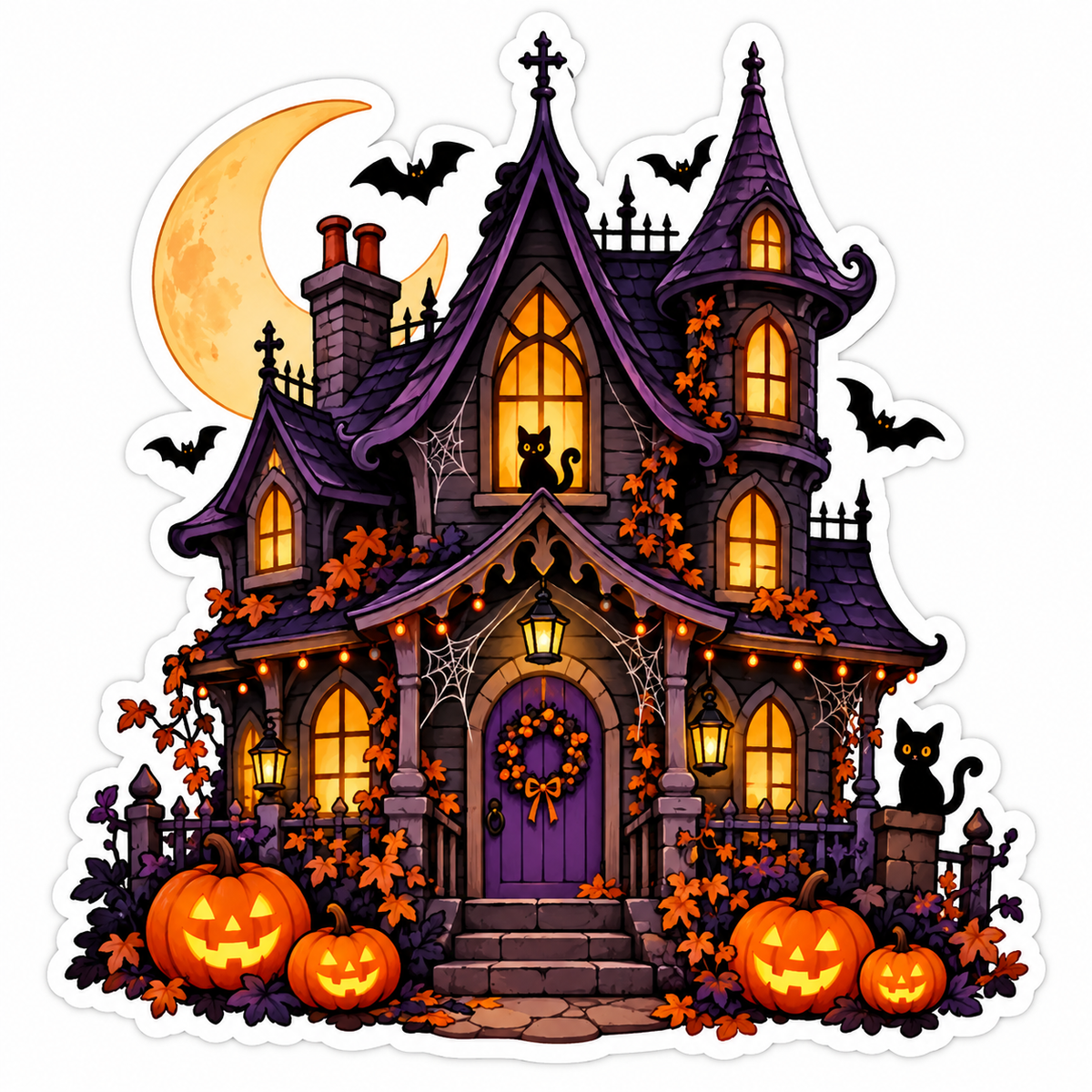 Die-cut sticker of a gothic Victorian haunted house at night with glowing windows, a turret, a purple front door with a wreath, and an iron fence, surrounded by carved jack-o'-lanterns, pumpkins, autumn leaves, black cats, bats and a crescent moon.