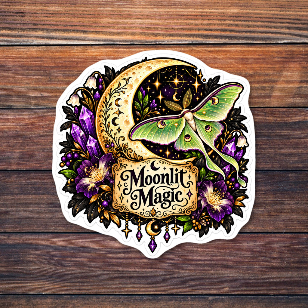 Die-cut sticker of a pale green luna moth over a golden crescent moon and starry night sky, surrounded by purple amethyst crystals, purple and white bell flowers, dark leaves and gold filigree, with a parchment label reading Moonlit Magic. shown on a wooden table