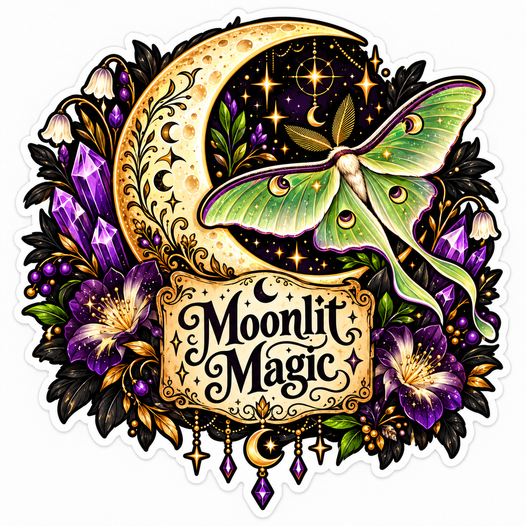 Die-cut sticker of a pale green luna moth over a golden crescent moon and starry night sky, surrounded by purple amethyst crystals, purple and white bell flowers, dark leaves and gold filigree, with a parchment label reading Moonlit Magic.
