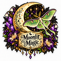 Die-cut sticker of a pale green luna moth over a golden crescent moon and starry night sky, surrounded by purple amethyst crystals, purple and white bell flowers, dark leaves and gold filigree, with a parchment label reading Moonlit Magic.