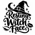 Black script text reading Resting Witch Face beneath a buckled witch hat, with a crescent moon, sparkle stars, a closed eye with lashes, lips and decorative swirls