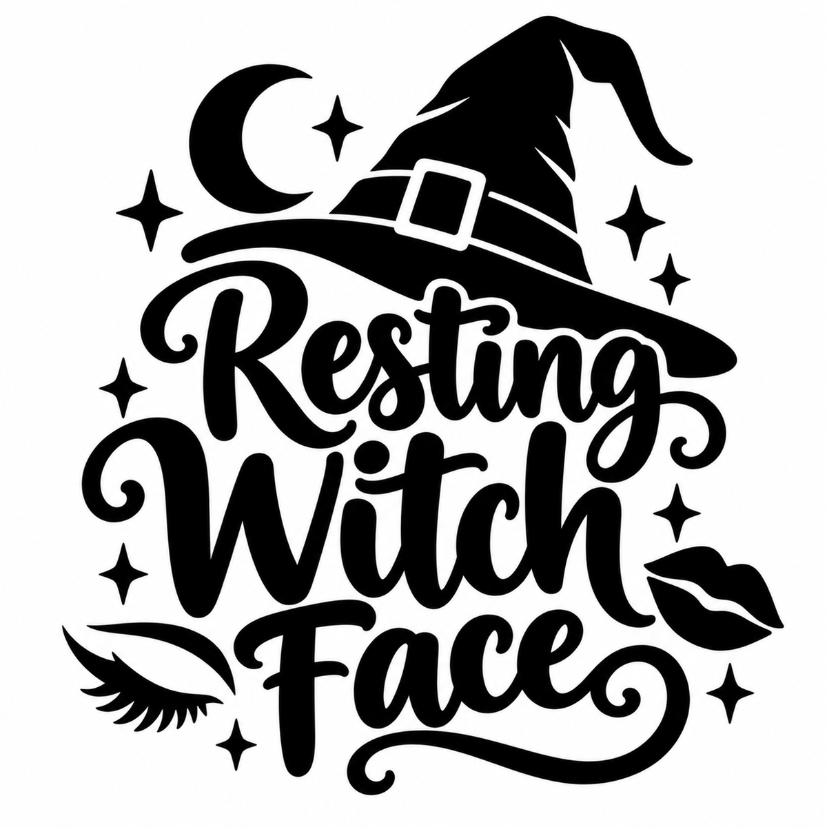 Black script text reading Resting Witch Face beneath a buckled witch hat, with a crescent moon, sparkle stars, a closed eye with lashes, lips and decorative swirls