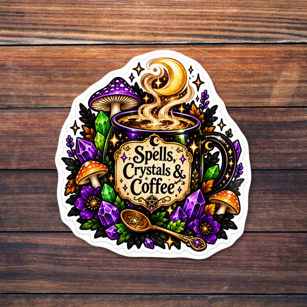 Black and purple coffee mug with a parchment label reading Spells, Crystals & Coffee, steam swirling up into a gold crescent moon, surrounded by purple and green crystals, mushrooms, purple flowers, dark leaves and a gold spoon with a pentagram. shown on a wooden table