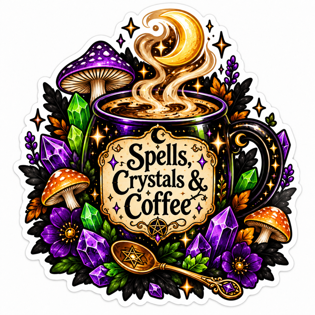 Black and purple coffee mug with a parchment label reading Spells, Crystals & Coffee, steam swirling up into a gold crescent moon, surrounded by purple and green crystals, mushrooms, purple flowers, dark leaves and a gold spoon with a pentagram.