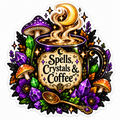 Black and purple coffee mug with a parchment label reading Spells, Crystals & Coffee, steam swirling up into a gold crescent moon, surrounded by purple and green crystals, mushrooms, purple flowers, dark leaves and a gold spoon with a pentagram.