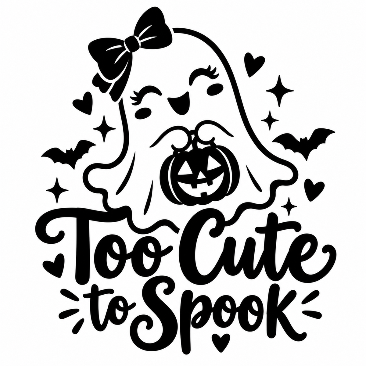 Black and white line art of a smiling cartoon ghost with a large hair bow and eyelashes holding a jack-o'-lantern trick-or-treat bucket, surrounded by bats, hearts, stars and sparkles, with the script text "Too Cute to Spook".