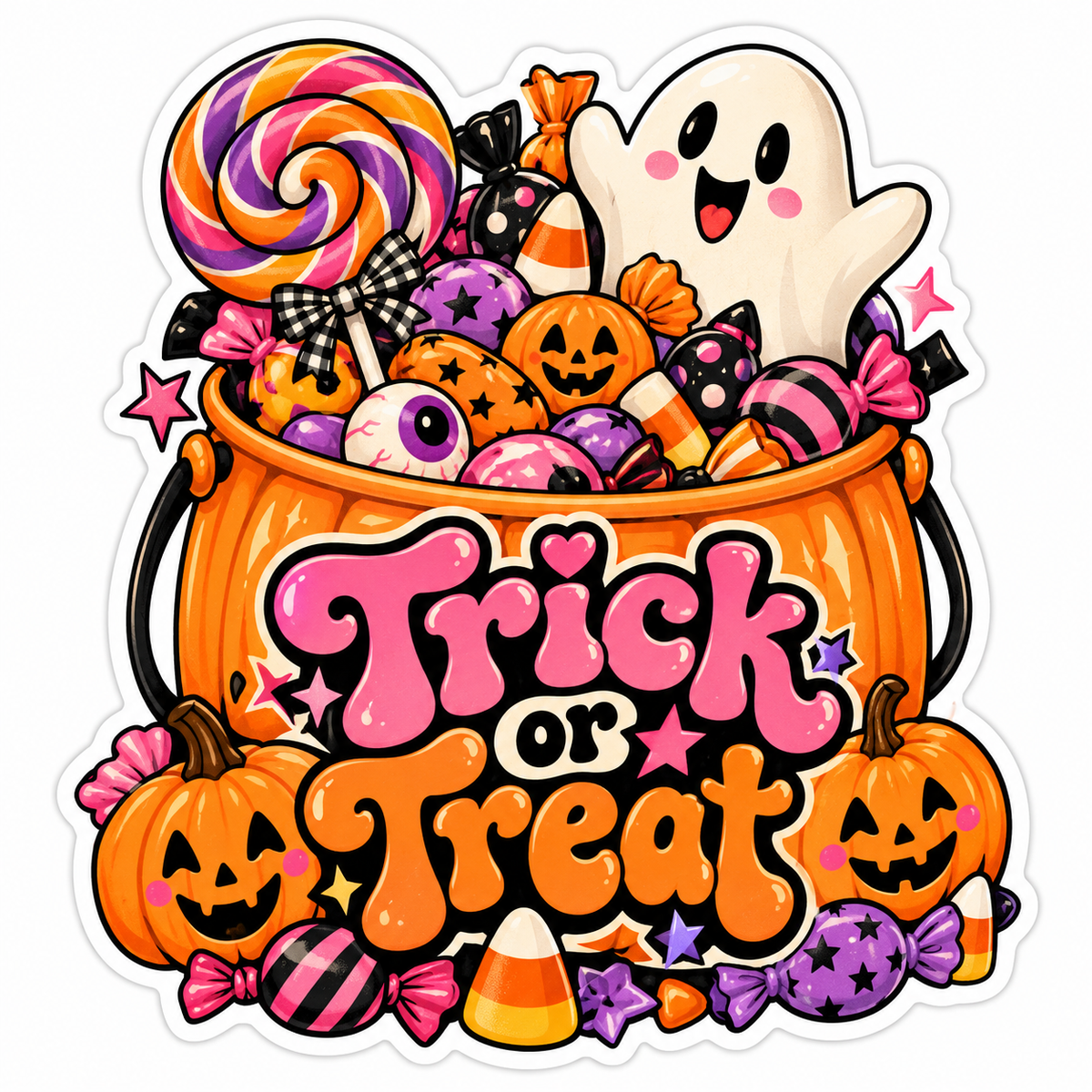 Die-cut sticker of an orange trick-or-treat bucket overflowing with candy, including a swirl lollipop, candy corn, wrapped candies and eyeball candy, with a smiling white ghost, jack-o'-lanterns, a gingham bow and stars, under bubbly lettering that reads Trick or Treat.